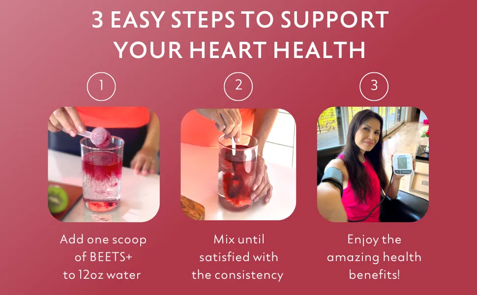 Beets+ 100% Organic Beet Root Powder Blend with Vitamins & Prebiotics for Blood Pressure Support - Beetroot Juice Powder for Heart Health - Support your heart health in 3 Steps for beet juice, beet root smoothie or use your imagination