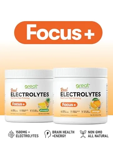 Focus+ Orange Nootropic Electrolyte: Hydration & Brain Support for Cognitive Enhancement Memory Concentration - Citicoline Organic Caffeine Methyl B12 - Made in USA - focus energy electrolyte supplement nootropic