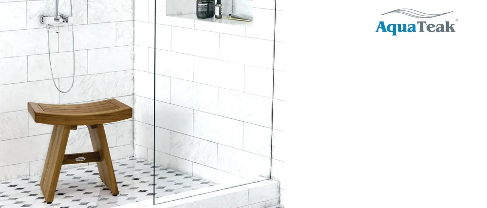 AquaTeak Teak Cleaner & Brightener - White tile and marble shower with teak wood bench with an Asian flair