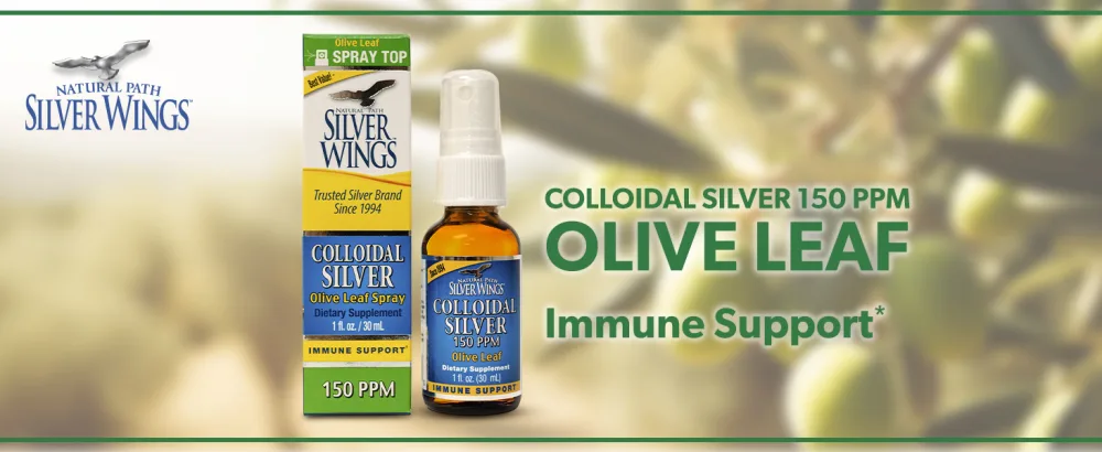 Natural Path Silver Wings Colloidal Silver 150ppm (750mcg) w/ Olive Leaf - Immune Support Supplement - 1oz Spray - mineral supplement