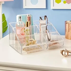 STORi Clear Plastic Vanity Makeup Organizer | 6-Compartment Holder for Brushes, Eyeshadow Palettes, & Beauty Supplies | Curved Front Design | Made in USA - 6132 Nightstand