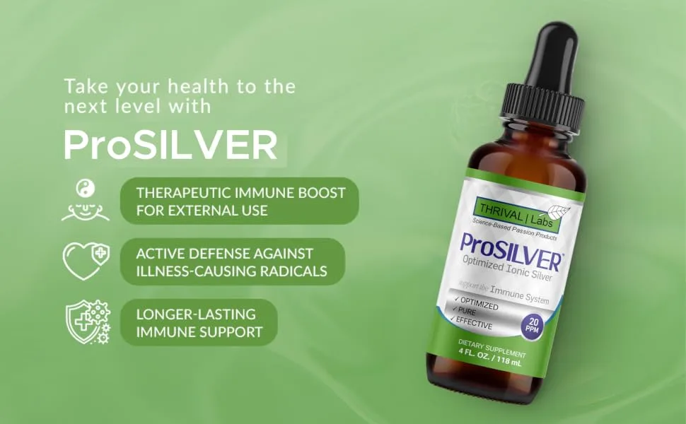 ProSILVER Ionic Colloidal Silver Liquid Optimized 20 PPM Bio-Active Liquid Silver for Immune Support Ionic Silver in Dark Glass Bottle with Dropper 48 Servings 8oz - Thrival Labs - immune booster colloidal silver liquid gel spray immunity boost kids support vitaminas vitamin