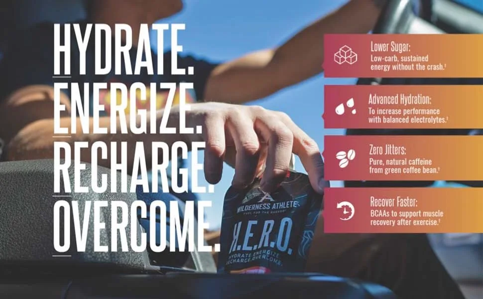 Wilderness Athlete - H.E.R.O. | Hydrate Energize Recharge Overcome - Energy Powder with Zero Sugar - Hydration Electrolyte Mix with 1000mg of Vitamin C (10ct. Box) - H.E.R.O.