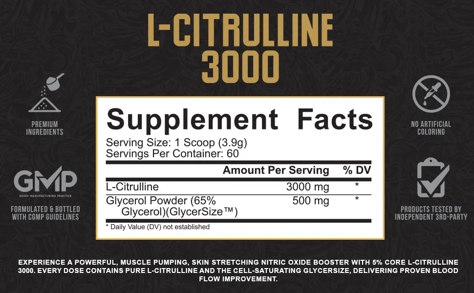 5% Nutrition Core L-Citrulline 3000 with Glycerol | Nitric Oxide Booster & Muscle Pump Supplement | Pre-Workout Additive | Unflavored (60 Servings) - L-Citrulline
