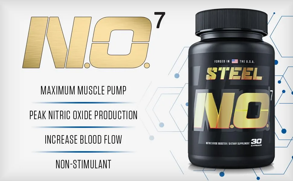 Steel Supplements N.O.7 | Nitric Oxide Formula | Blood Flow | Vascular Support | Pumps & Muscle Fullness | 30 Capsules - no7 image