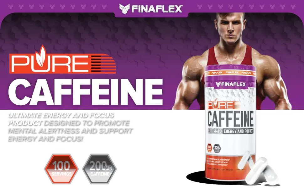 FINAFLEX Pure Caffeine - 100 Capsules - Promotes Mental Alertness Energy & Focus for Men & Women - with Caffeine Anhydrous - 100 Servings - Pure caffeine