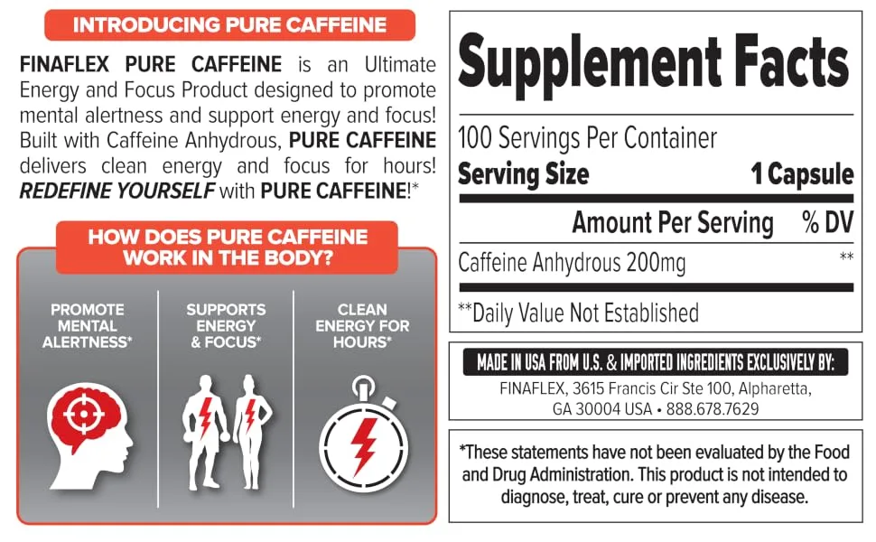 FINAFLEX Pure Caffeine - 100 Capsules - Promotes Mental Alertness Energy & Focus for Men & Women - with Caffeine Anhydrous - 100 Servings - Pure caffeine