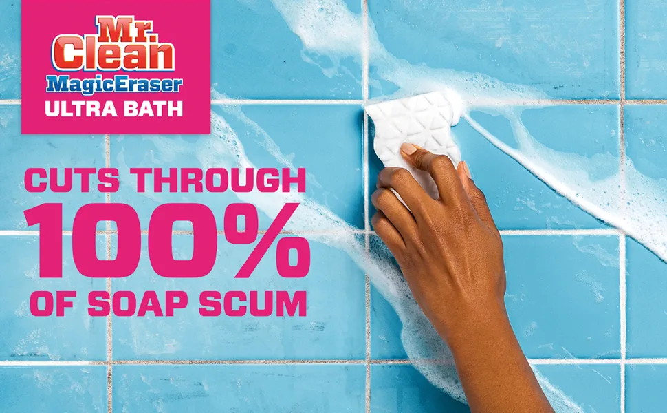 Mr. Clean Magic Eraser Ultra Bath Multi Purpose Cleaner for Bathroom Soap Scum Remover for Shower 5ct - Mr.Clean Magic Eraser Ultra Bath Cuts Through 100% Of Soap Scum