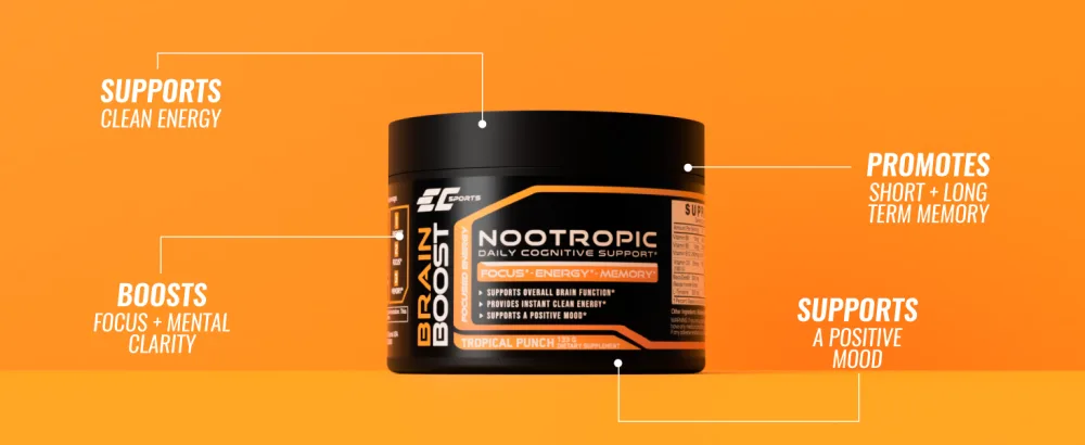 Brain Boost Tropical Punch Sweetened w/Stevia Supplement for Focus Faster Processing Energy & Performance w/ 18 Nootropics - 30 Servings Tropical Blast Sweetened with Stevia - clean energy, focus, mood, memory