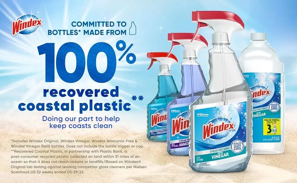 Windex Vinegar Glass and Surface Cleaner Spray Bottle Bottle Made from 100% Recovered Coastal Plastic Surface Cleaning Spray 23 Fl oz - 100% recovered coastal plastic