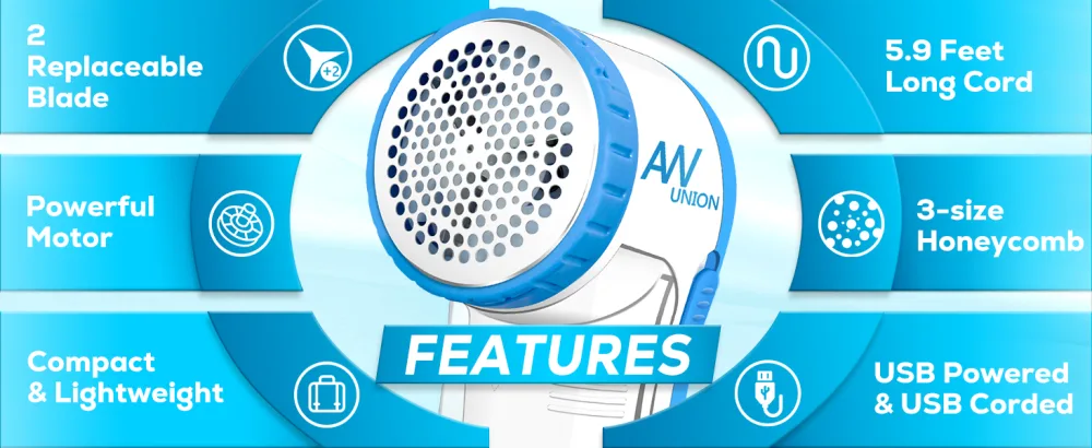 Fabric Shaver Lint Remover AW union USB Powered Lint Shaver Efficiently Remove Lints from Fabrics Clothes Upholstery - 70" Cord - 2 Replacement Blade - Blue - product information 12
