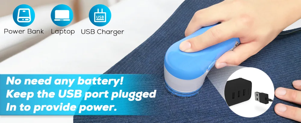 Fabric Shaver Lint Remover AW union USB Powered Lint Shaver Efficiently Remove Lints from Fabrics Clothes Upholstery - 70" Cord - 2 Replacement Blade - Blue - product information 8