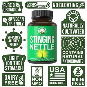 Stinging Nettle Vegan Capsules Made with Stinging Nettle Leaf Powder for Prostate, Hair Growth, Allergy. Better Than Root Extract. Plant Based Herb Supplement Tablets, 60 Pills - Stinging Nettle