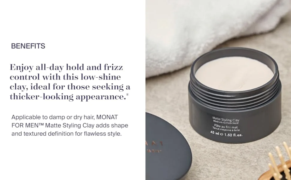 MONAT Matte Styling Clay for Men - Water and Clay-Based Hair Paste to Create Thicker-Looking Hair Easy-to-Shape Net Wt. 45 ml / 1.52 fl. oz. - Matte Styling Clay