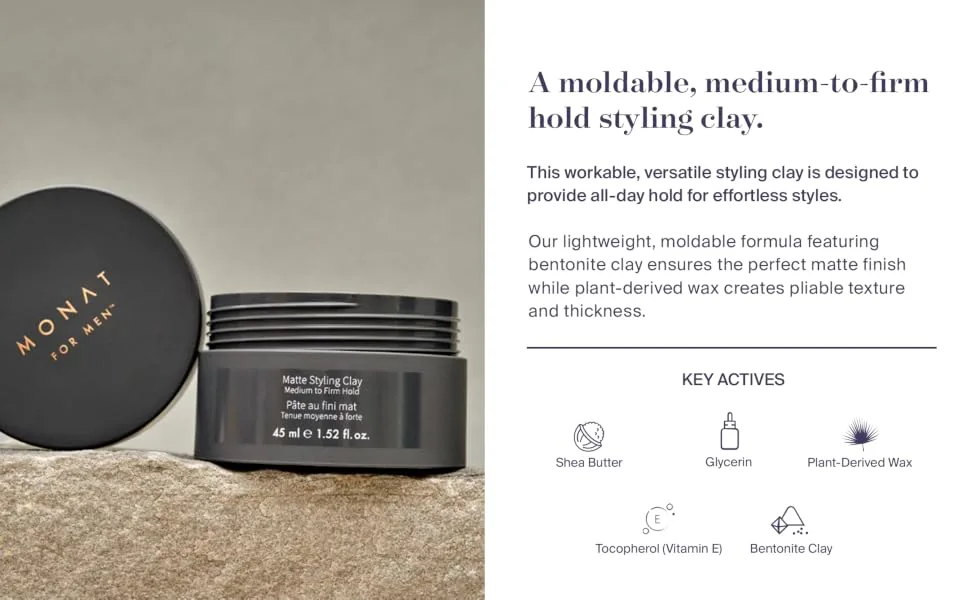MONAT Matte Styling Clay for Men - Water and Clay-Based Hair Paste to Create Thicker-Looking Hair Easy-to-Shape Net Wt. 45 ml / 1.52 fl. oz. - Matte Styling Clay
