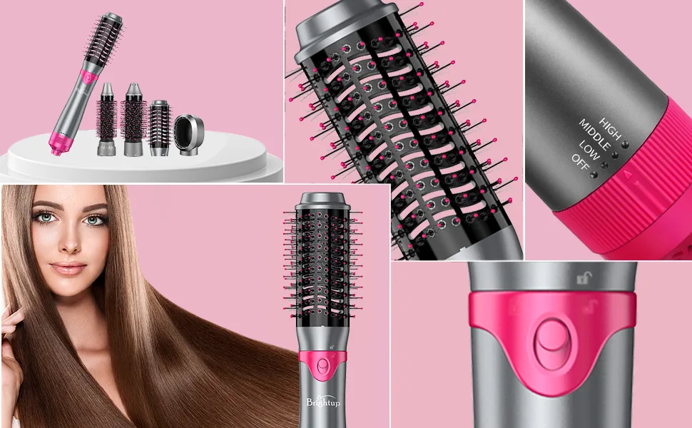 Brightup Blow Dryer Brush & Volumizer with Negative Ionic Technology Detachable & Interchangeable Brush Head Hair Dryer Brush for Curling Smoothing & Styling Heat Protective Glove Included - Blow dryer brush