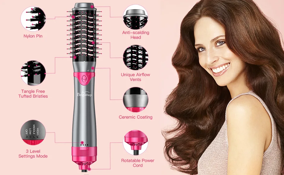 Brightup Blow Dryer Brush & Volumizer with Negative Ionic Technology Detachable & Interchangeable Brush Head Hair Dryer Brush for Curling Smoothing & Styling Heat Protective Glove Included - features