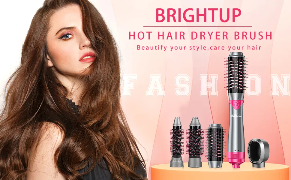 Brightup Blow Dryer Brush & Volumizer with Negative Ionic Technology Detachable & Interchangeable Brush Head Hair Dryer Brush for Curling Smoothing & Styling Heat Protective Glove Included - Hair dryer brush