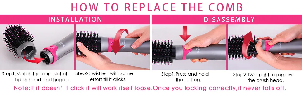 Brightup Blow Dryer Brush & Volumizer with Negative Ionic Technology Detachable & Interchangeable Brush Head Hair Dryer Brush for Curling Smoothing & Styling Heat Protective Glove Included - How to replace