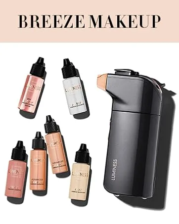 Luminess BREEZE DUO Airbrush Makeup System Tan Coverage 9-Piece Kit includes 2x Silk Airbrush Foundation Apricot Shade Blush Glow Highlighter Moisturizer Primer and Airbrush Cleaning Solution - LUMINESS