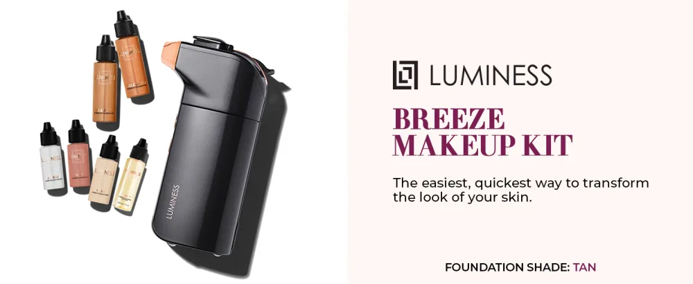 Luminess BREEZE DUO Airbrush Makeup System Tan Coverage 9-Piece Kit includes 2x Silk Airbrush Foundation Apricot Shade Blush Glow Highlighter Moisturizer Primer and Airbrush Cleaning Solution - Natural Minerals Blush Lipstick Contour Primer Liquid Luminous Beginner Teenage Profesional Flawless