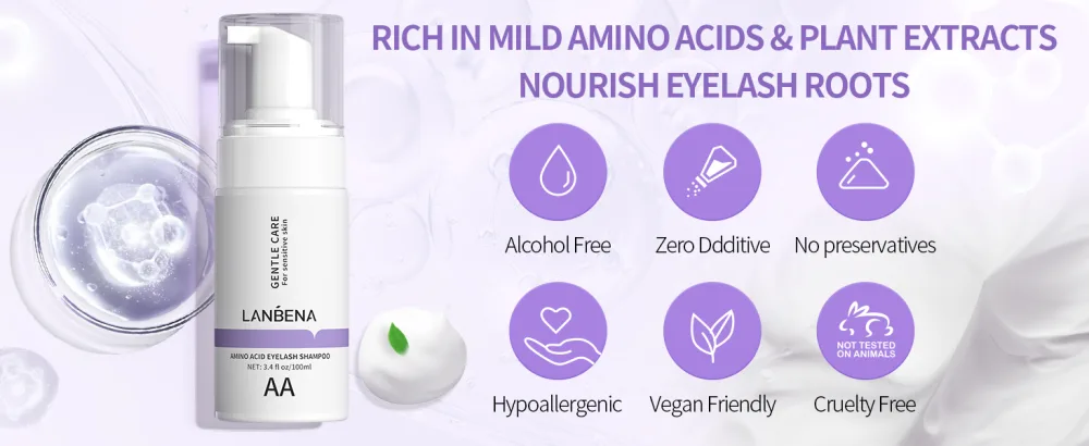 LANBENA Lash and Eyelash Cleanser Kit 100ml - Amino Acid Foam for Sensitive Skin Makeup Remover Paraben & Sulfate Free - lash shampoo
