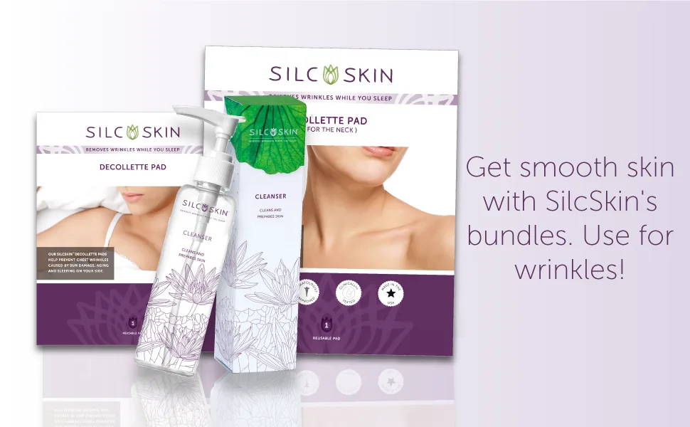 SilcSkin Complete Chest Care Includes 1 Reusable Decollette Pad and 1 Bottle SilcSkin Cleanser - Helps with Wrinkles from Sun Aging Side Sleeping - Gentle Water Based Cleansing Formula - reusable silicone chest patches chest pads for wrinkle reusable anti wrinkle chest pads reusable