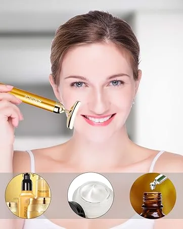 Amirce Face Massager Roller 3D Roller Facial Massager and Gua Sha Massage Roller Tool Set for Women Facial Skin Care Tools (Gold) - Promote Skin Better Absorption