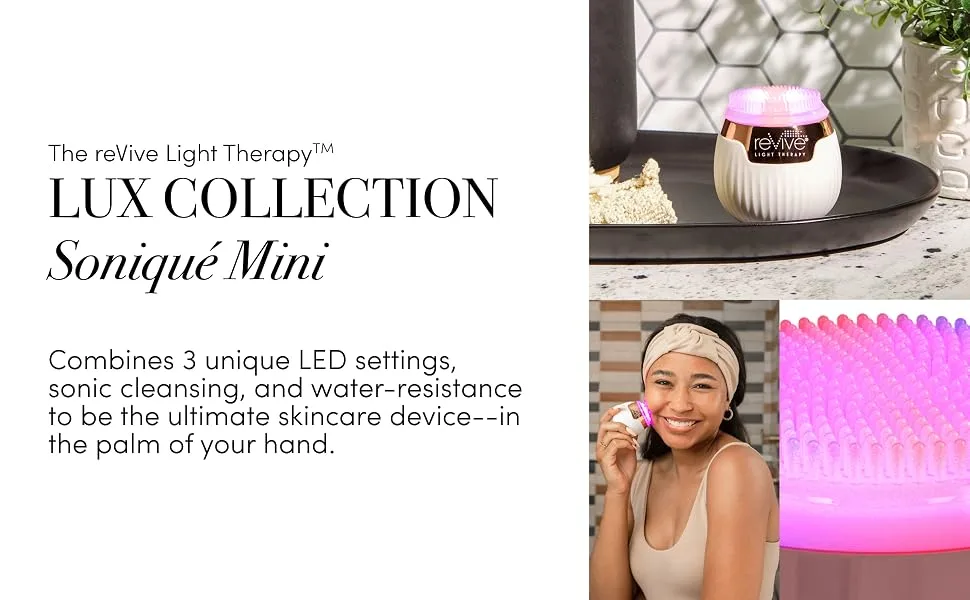 LED Technologies Lux Collection Soniqu Mini Sonic Facial Cleansing Brush with Red & Blue Light Therapy Reduces Appearance of Acne & Wrinkles - reVive Light Therapy Red Light Blue Light anti acne anti wrinkle