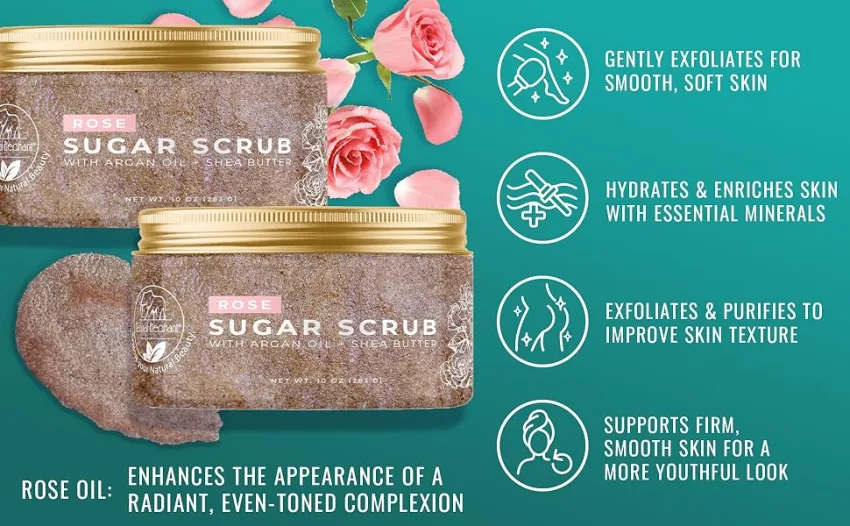 Natural Elephant Rose Exfoliating Sugar Scrub with Argan Oil and Shea Butter 10 oz (283g) - Rose, Sugar scrub, natural, exfoliating, skin, moisturizing, anti-cellulite, glowing, smooth
