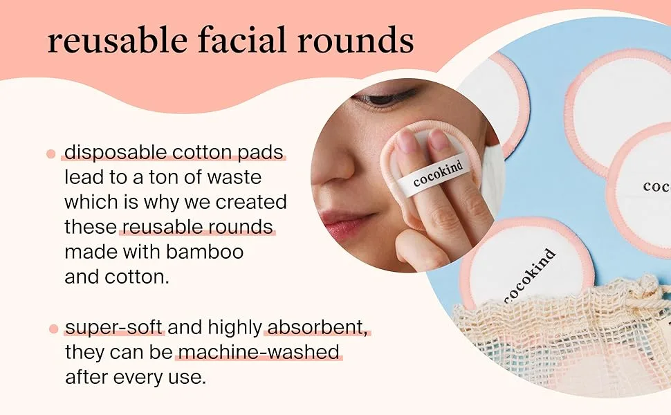 Cocokind Reusable Facial Rounds Reusable Makeup Remover Pads Made with Bamboo and Cotton Reusable Cotton Rounds with Bag - reusable, cotton, bamboo, machine wash