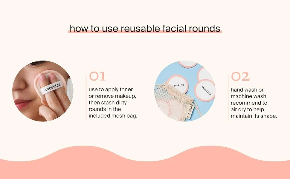 Cocokind Reusable Facial Rounds Reusable Makeup Remover Pads Made with Bamboo and Cotton Reusable Cotton Rounds with Bag - toner, makeup remover