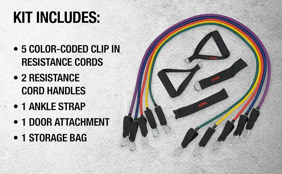 SPRI Resistance Band Kit - Resistance Training Interchangeable Tubes for Full Body Toning - Includes 5 Exercise Bands Ankle/Wrist Strap with Padded Handles Door Anchor Exercise Guide Carry Bag - SPRI resistance band kit with handles, resistance tube kit, home gym