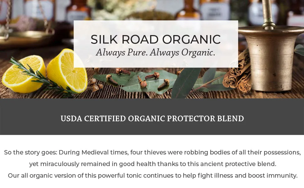 Organic Protector Essential Oil Immunity Blend Roll On Based on Thieves Oil Legend 100% Pure USDA Certified Health Shield Aromatherapy - 10 ml Roller by Silk Road Organic Protector roll on - four thieves ancient protective essential oil boost immunity blend silk road organic protector