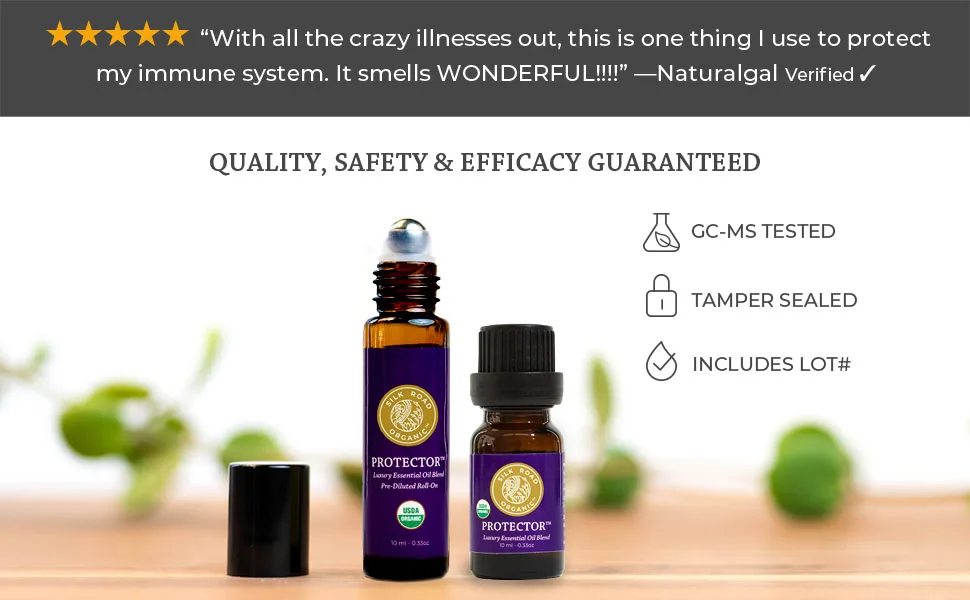 Organic Protector Essential Oil Immunity Blend Roll On Based on Thieves Oil Legend 100% Pure USDA Certified Health Shield Aromatherapy - 10 ml Roller by Silk Road Organic Protector roll on - gc-ms sealed lot# safety efficacy ensure effectiveness essential oil tested quality cinnamon