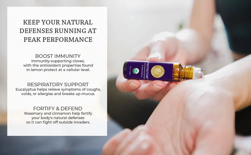 Organic Protector Essential Oil Immunity Blend Roll On Based on Thieves Oil Legend 100% Pure USDA Certified Health Shield Aromatherapy - 10 ml Roller by Silk Road Organic Protector roll on - natural defenses cloves antioxidant lemon respiratory support eucalyptus allergies rosemary