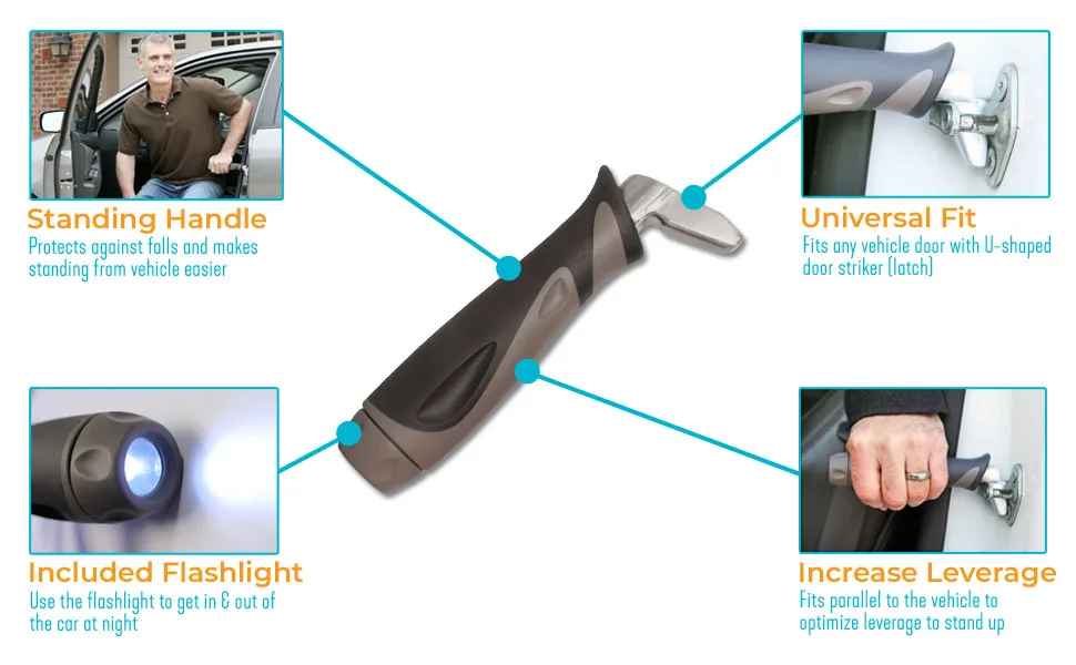 Stander Metro Car Handle Plus, Portable Vehicle Support Grab Bar, Standing Assist Mobility Aid, Includes LED Flashlight - stander standing support handle grab bar assist flashlight universal striker door latch leverage aid