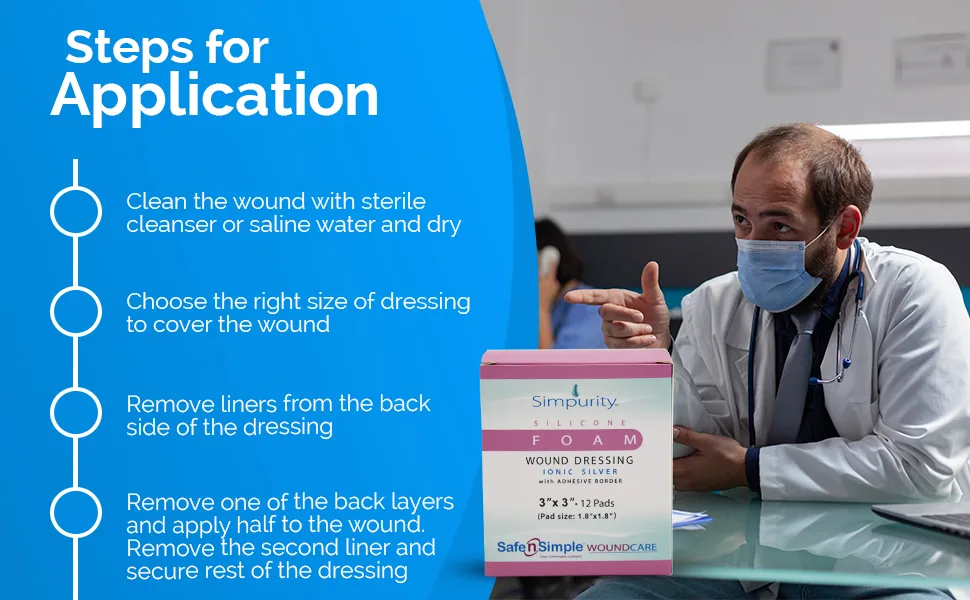 Simpurity Silver Silicone Wound Dressing With Border-4"x4" Individual Thick Pads-Waterproof Bordered Foam Dressing for Wounds - Sterile Silicone Adhesive Foam Dressing - Silver Dressing for Wound Care - Silicone silver foam with border