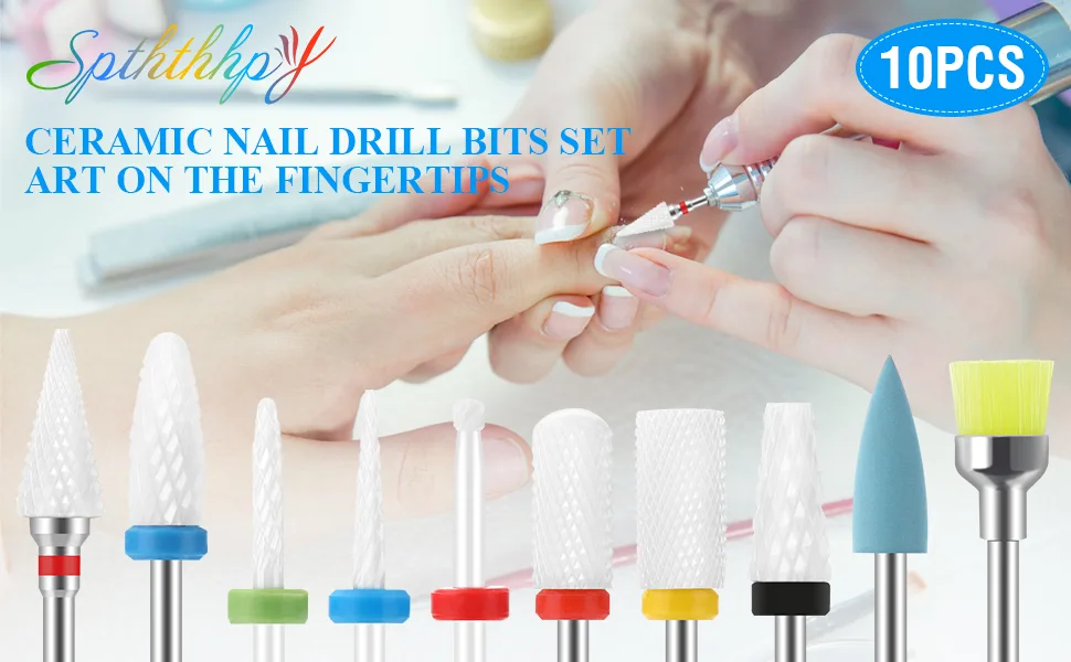SPTHTHHPY 10Pcs Ceramic Nail Drill Bits Set Professional Remove Gel Acrylic Cuticle Diamond Carbide Nail Drill Bit Tools for Manicure Pedicure Home Salon Use Great Gift for Women Girls - nail drill bits