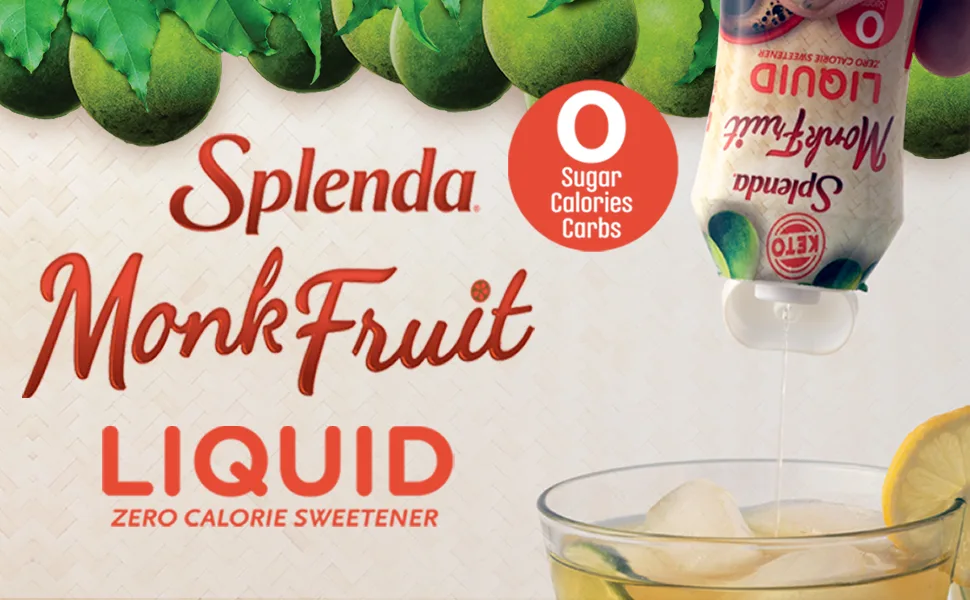 SPLENDA MONK FRUIT LIQUID, Zero Calorie Sweetener Drops, 3.38 Fl Oz Bottle (Pack of 2) 3.38 Fl Oz (Pack of 2) - Splenda Monk Fruit Liquid zero calorie sweetener squirting into glass of lemonade