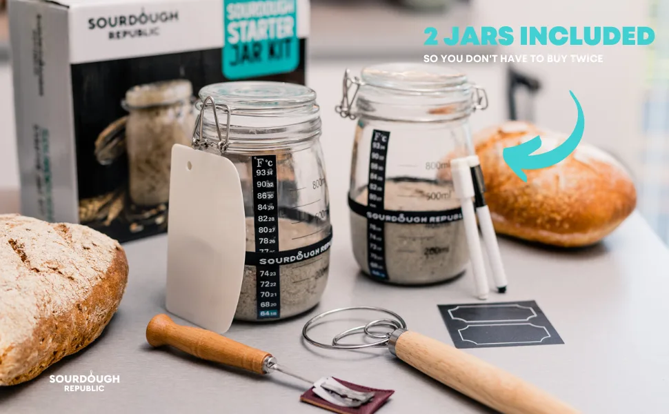 Sourdough Starter Jar Kit, 2-Pack, 34 oz. Glass Jars for Sourdough Starter, Wide Mouth Starter Dough Crock (SDJ-2) - Sourdough kit