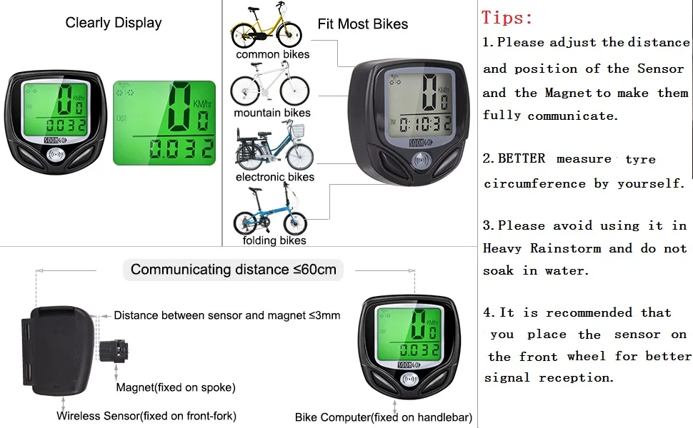 SOON GO Bike Speedometer, Bicycle Speedometer Wireless Cycle Bike Computer Waterproof Bike Odometer with LCD Display Speedometer Accurate Speed Tracking & Multi-Function - Clearly display,Fits most bikes
