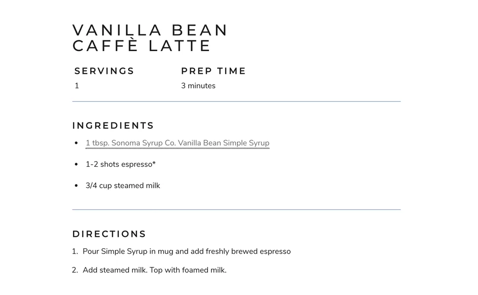 Sonoma Syrup Co Vanilla Bean Simple Syrup, 12.7 oz for Coffee, Cocktails, and Cooking - Recipe