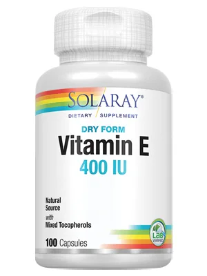 Solaray Vitamin E, Dry 400 IU w/Mixed Tocopherols | Non-Oily | Healthy Cardiac Function, Antioxidant Activity & Skin Health Support | 100 Capsules - Solaray Vitamin E, Dry 400 IU w/ Mixed Tocopherols Healthy Cardiac Skin Health 100ct 100 Serv.