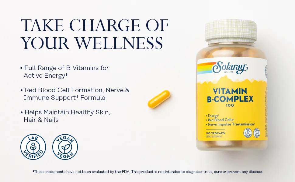 Solaray Vitamin B-Complex 100 mg, Healthy Energy, Blood Cell Formation & Nerve Impulse Transmission Support, 100 VegCaps - Solaray Vitamin B-Complex 100 Energy Formula 100ct