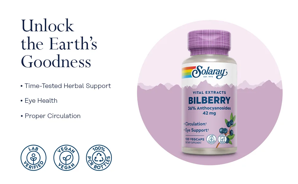 Solaray Bilberry Berry Extract 42 mg, Eye Health & Circulation Support, with 36% Anthocyanosides, Vegan, 120 VegCaps - Bilberry