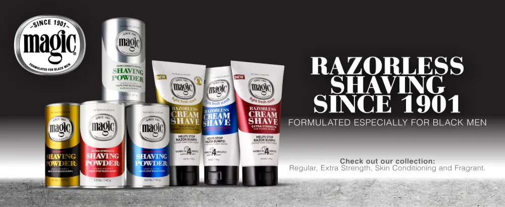 SoftSheen-Carson Magic Razorless Shaving for Men, Magic Skin Conditioning Shaving Powder, with Vitamin E and Aloe, formulated for Black Men, Depilatory, Helps Stop Razor Bumps, 4.5 oz 4.5 Ounce (Pack of 1) - magic family, magic shave, razorless shaving, for the face, shaving, shave cream, shaving cream