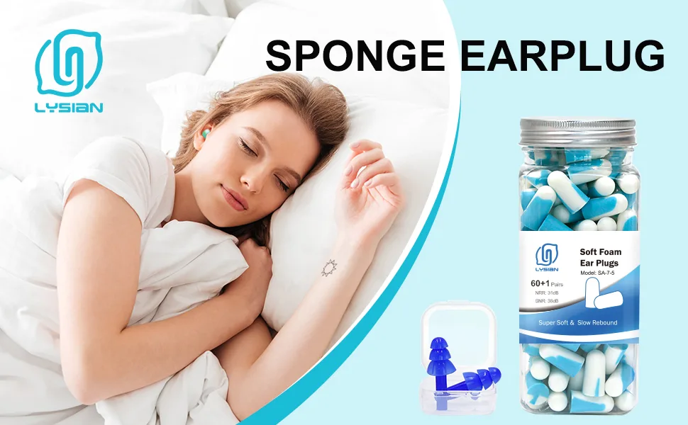 Soft Foam Earplugs 60 Pairs, 38dB SNR Comfortable Ear Plugs for Sleeping, Snoring, Shooting, Mowing, and All Loud Noise by Lysian, Light Blue/White - ear plugs