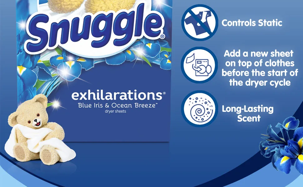Snuggle Exhilarations Fabric Softener Dryer Sheets, Blue Iris & Ocean Breeze, 70 Count - sheets snuggle