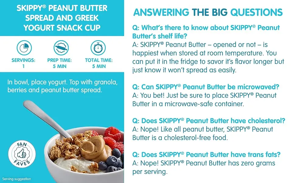 SKIPPY Natural Peanut Butter Spread, Creamy, 7 g protein per serving, 40 oz. - Skippy peanut butter spread and greek yogurt snack cup